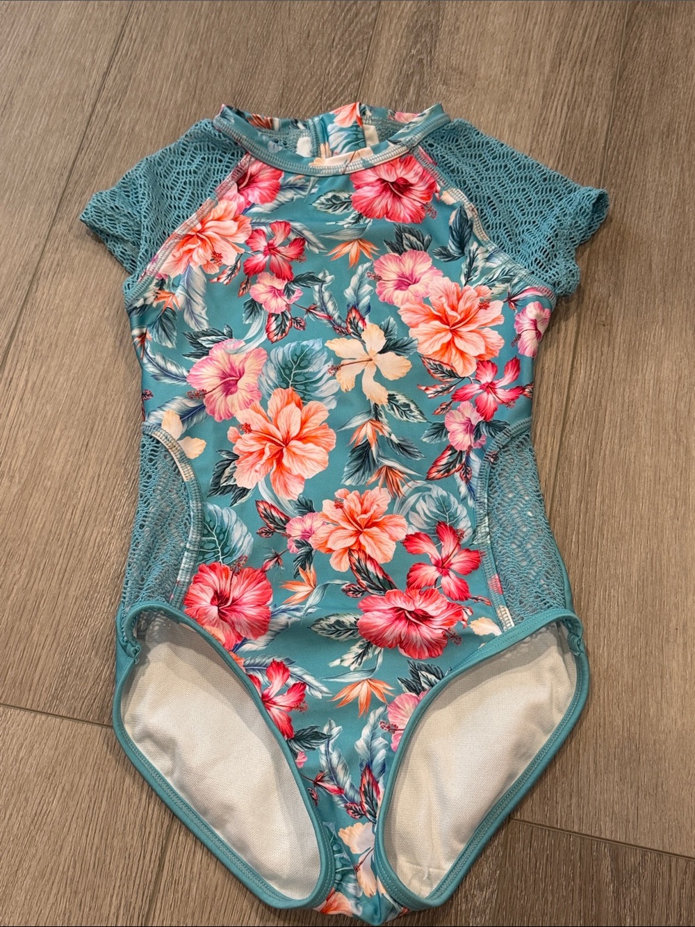 art class Teal Girls Swimsuit with Pink Floral Accent